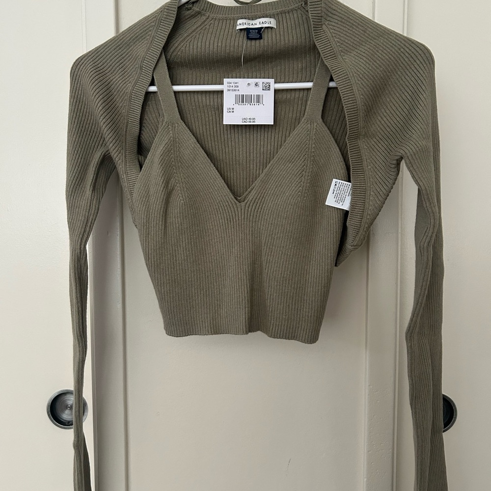 American Eagle Outfitters Olive Ribbed V-Neck Crop Top with Shrug Set